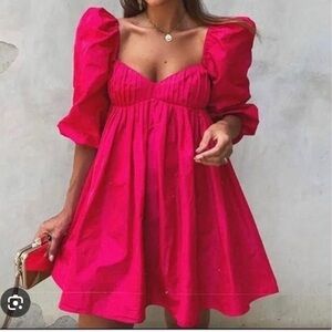 LIKE NEW Zara Hot Pink Pleated Puff Sleeve Mini Dress size S